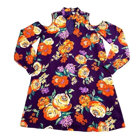 Everly Womens Dress Retro Floral Cold Shoulder Choker Collar Keyhole Small - Picture 1 of 14